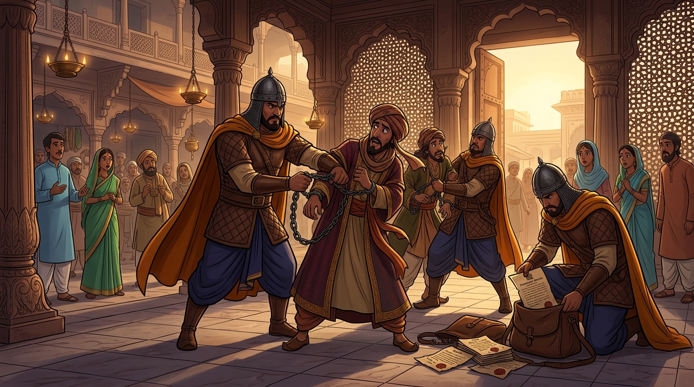 Royal city guards clap fraudulent merchants into heavy iron chains, confiscating forged deeds