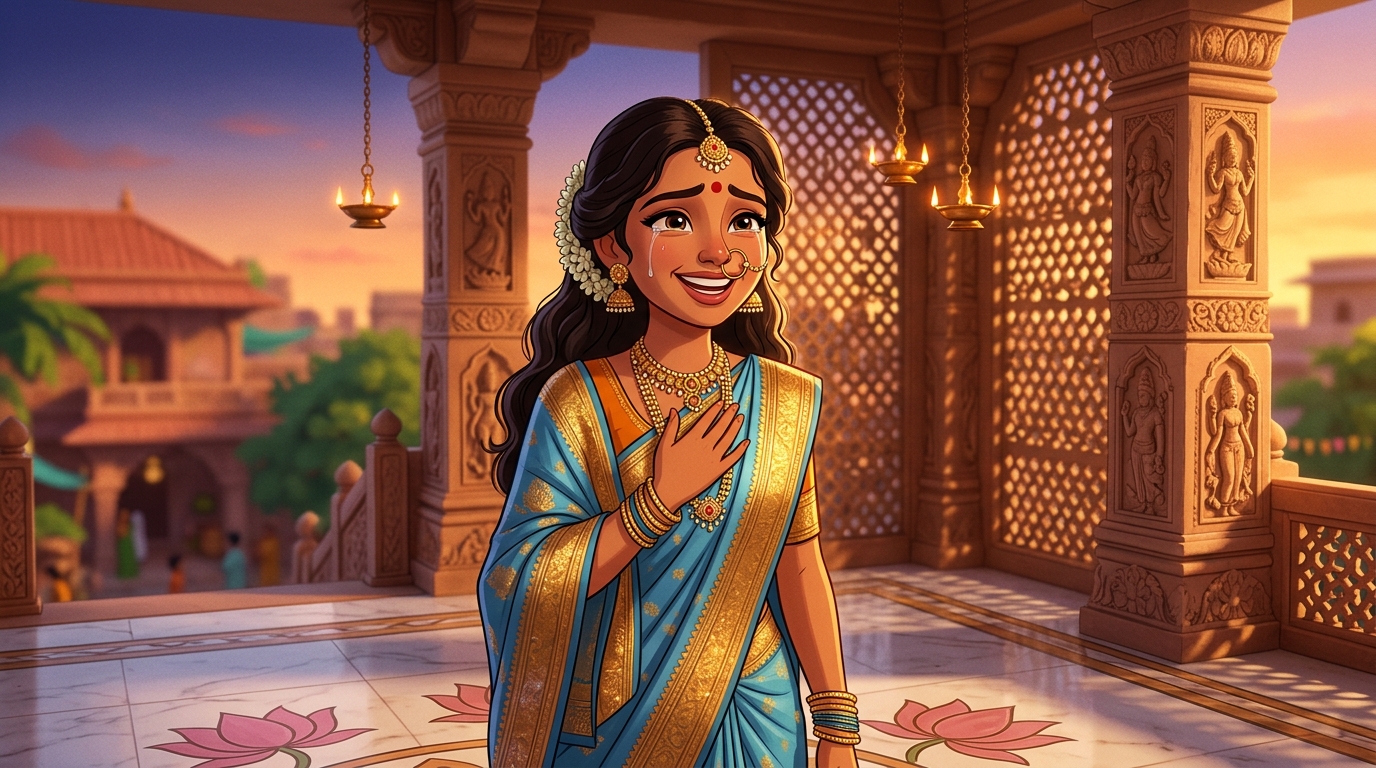 Prabhavati stands radiant on marble terrace, shedding tears of pure joy and vindication