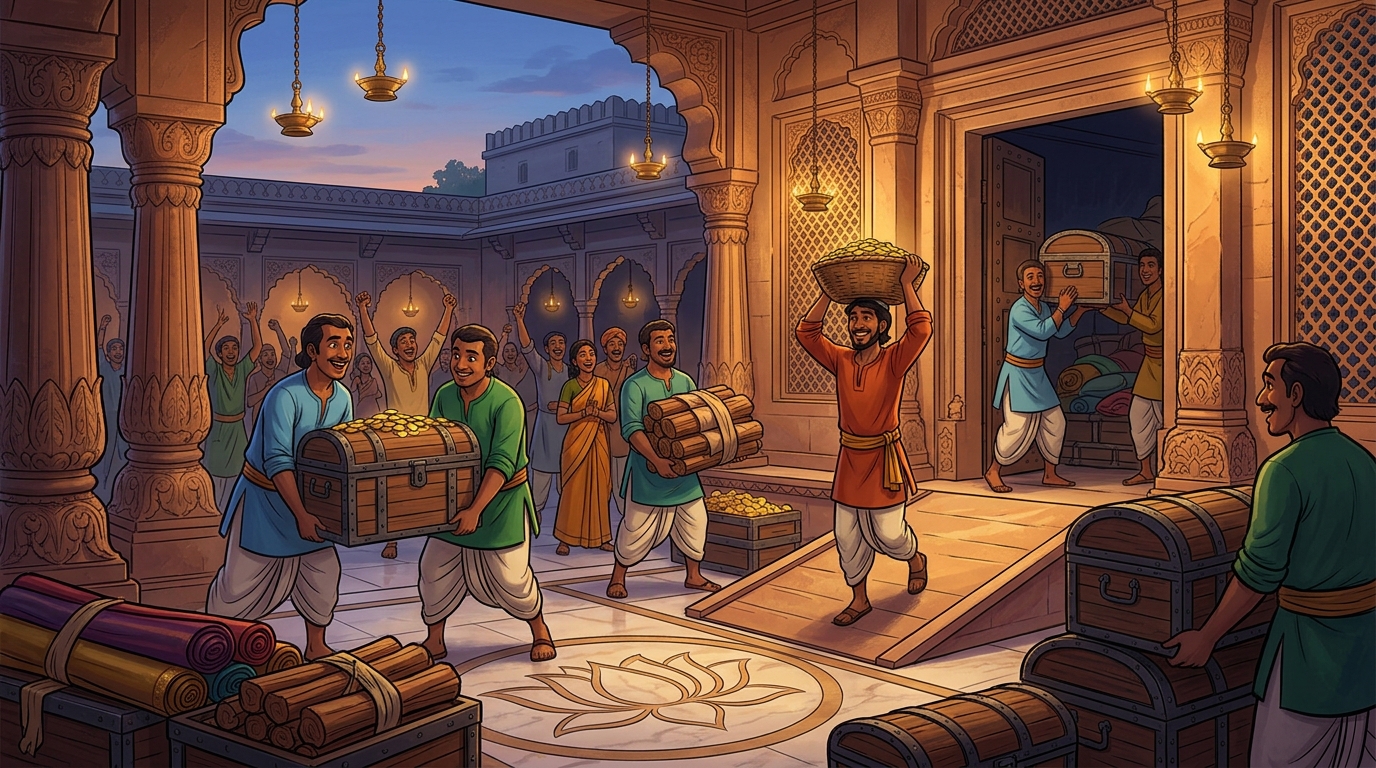 Servants carry chests of gold coins and sandalwood into mansion vaults, celebrating total victory