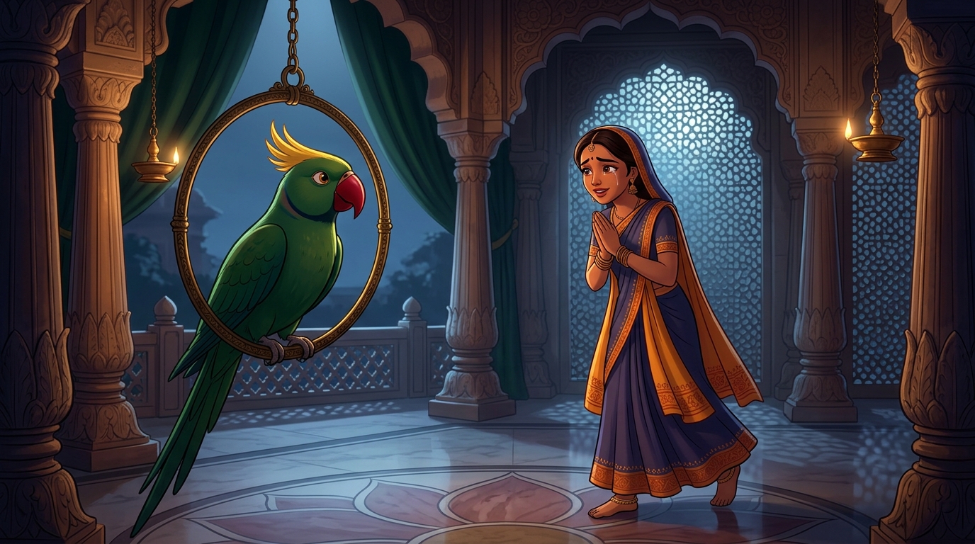 Prabhavati approaches Shuka's golden swing with deep reverence and overflowing gratitude