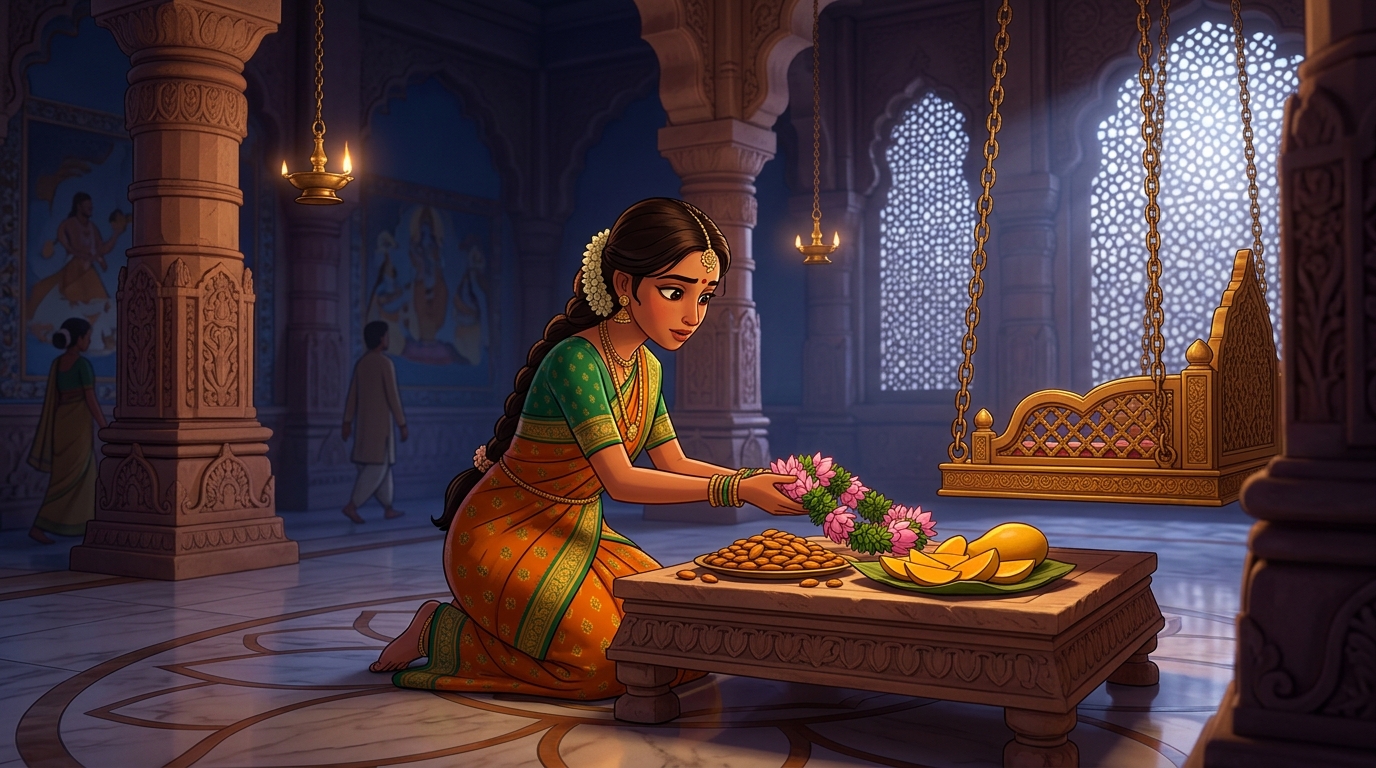 Prabhavati places golden almonds, mangoes, and lotus garland before Shuka's golden swing