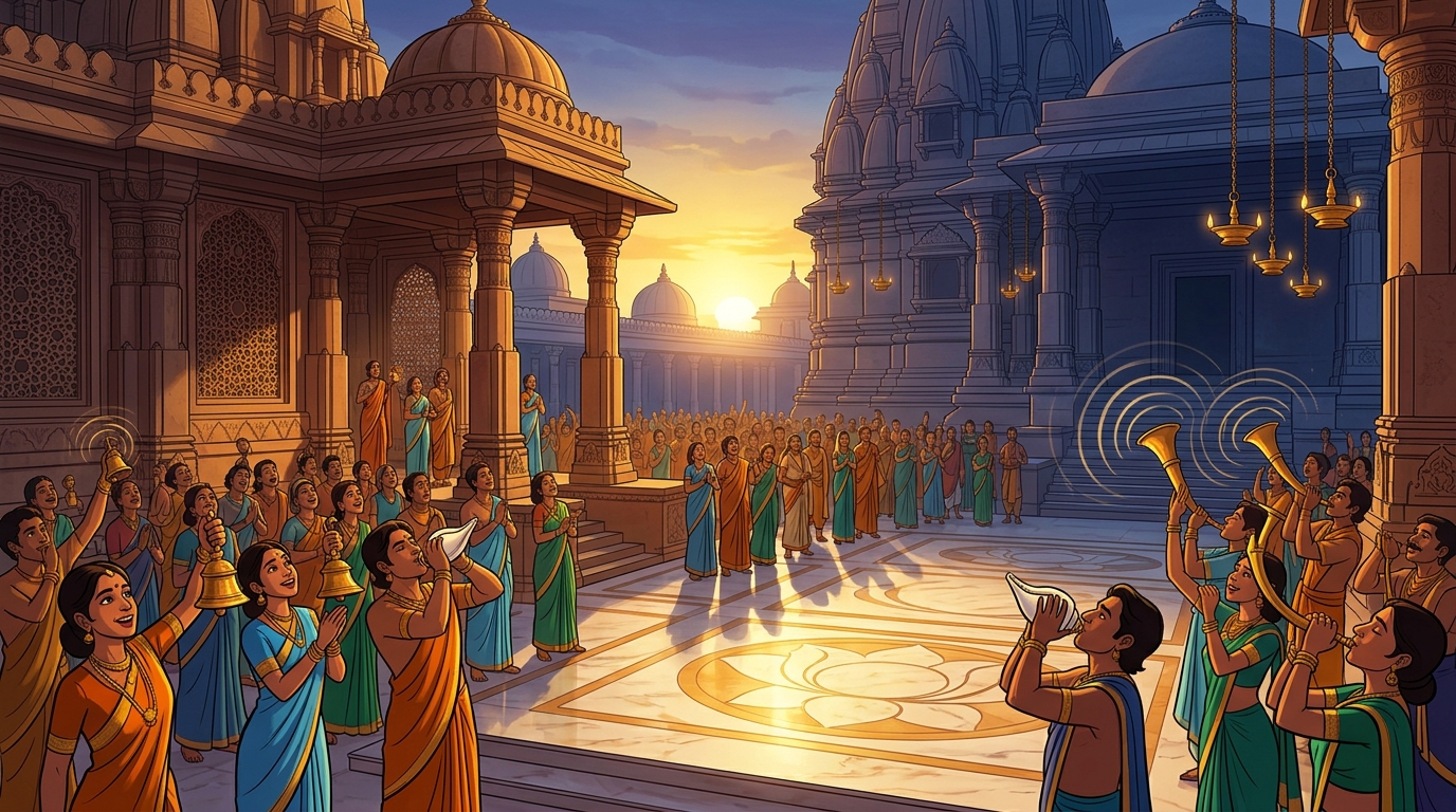 Glorious golden dawn sunlight floods Chandravati as temple bells, conches, and trumpets sound
