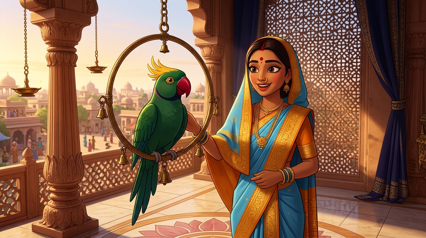 Prabhavati stands triumphant beside Shuka on sunlit palace balcony, overlooking thriving city