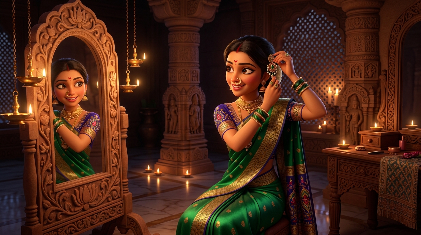 Prabhavati in emerald-green and gold silk fastening the brooch by candlelight