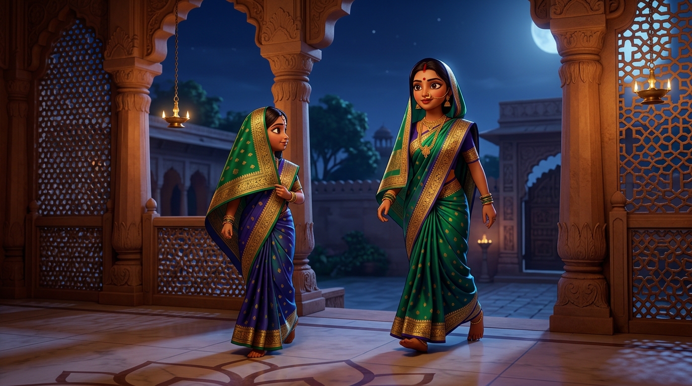 Prabhavati walking toward the courtyard gate with swift, confident steps under the moonlit sky