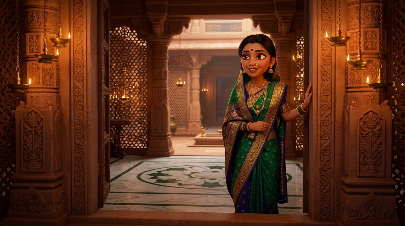 Prabhavati pausing on the doorstep with an amused smile