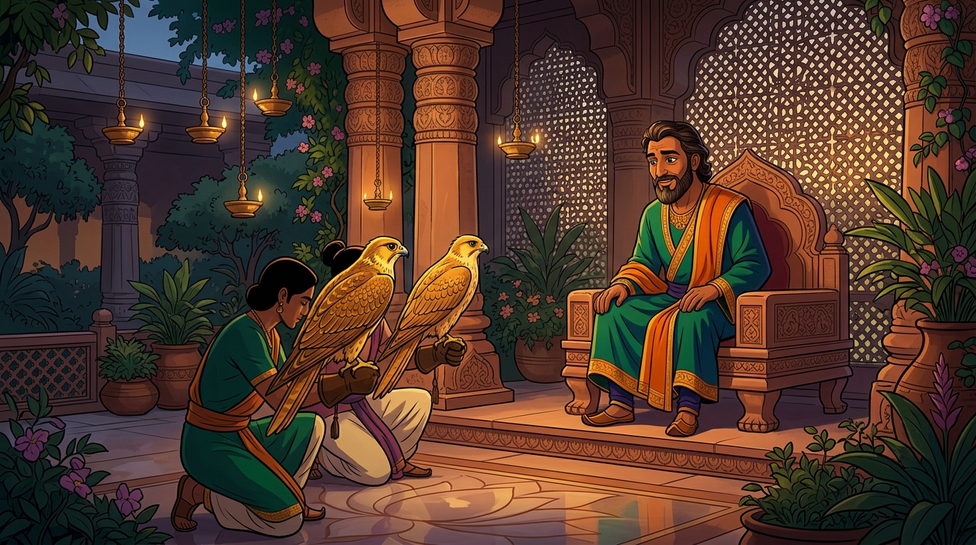 In the palace gardens of Mithila, King Yashovarma receives two golden Himalayan falcons