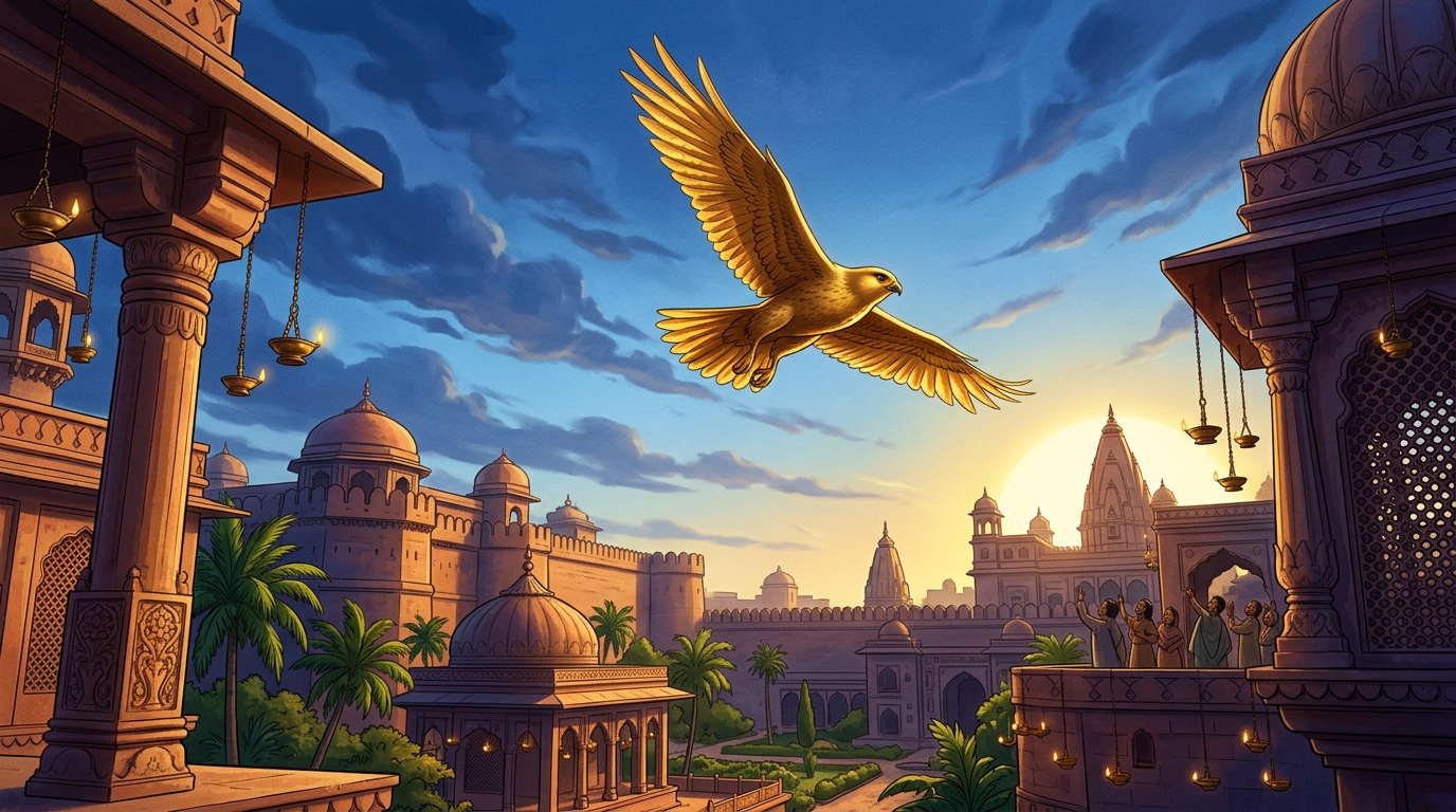The first golden falcon soars high into the blue clouds, performing graceful aerial dives