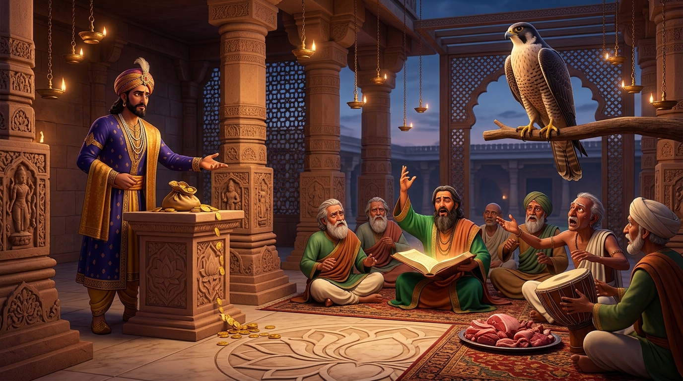 The King offers 1,000 gold dinars; scholars and bird trainers try magic incantations in vain
