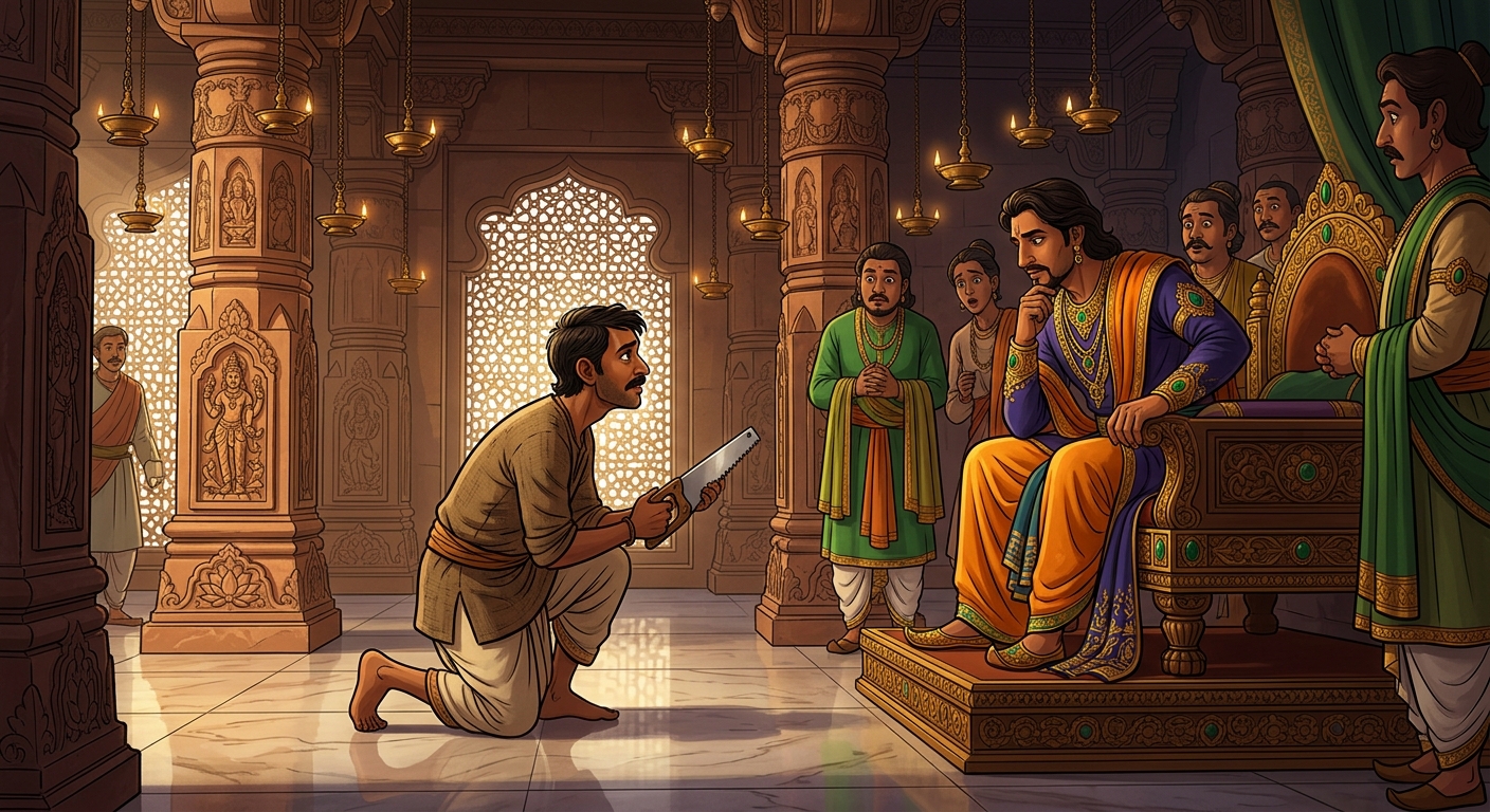 Humble farmer Krishivala steps forward carrying a small hand saw, bowing before the King