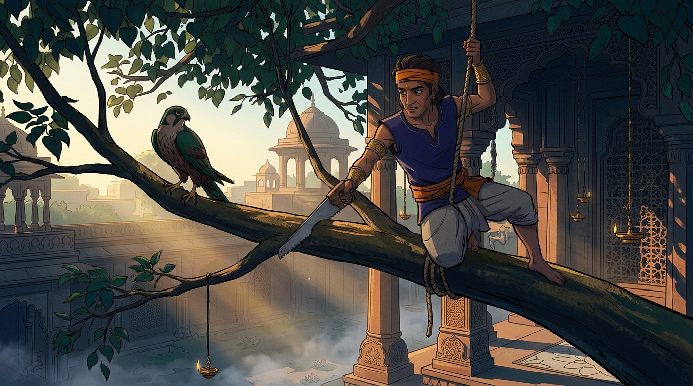 At dawn, Krishivala climbs the tree with a rope and swiftly saws through the branch
