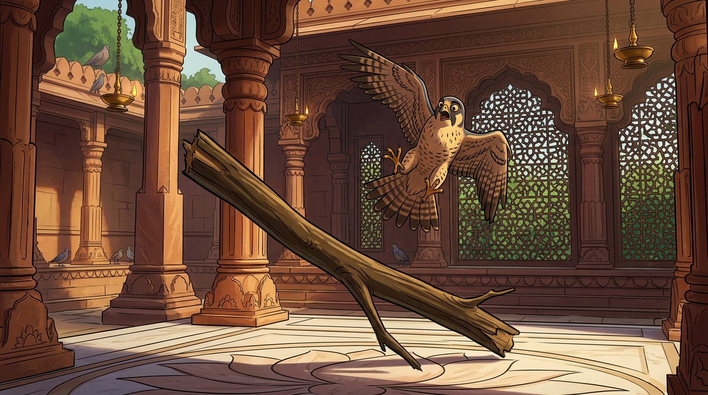 As the cut branch falls away toward the ground, the startled falcon loses footing in mid-air
