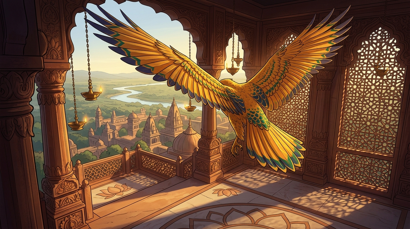 Instinctively, the falcon spreads its massive golden wings, catching the morning thermal wind