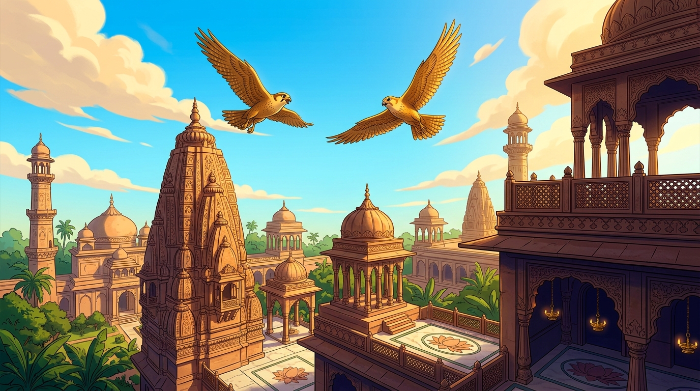 The golden falcon soars high above the palace spires, circling freely in the azure sky