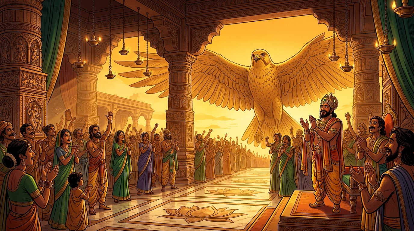 King Yashovarma and the entire court cheer in thunderous admiration as the falcon soars