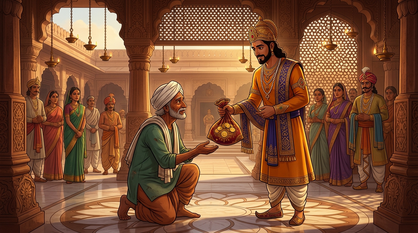 The King hands farmer Krishivala a silk bag of 1,000 gold dinars, honoring his practical wisdom