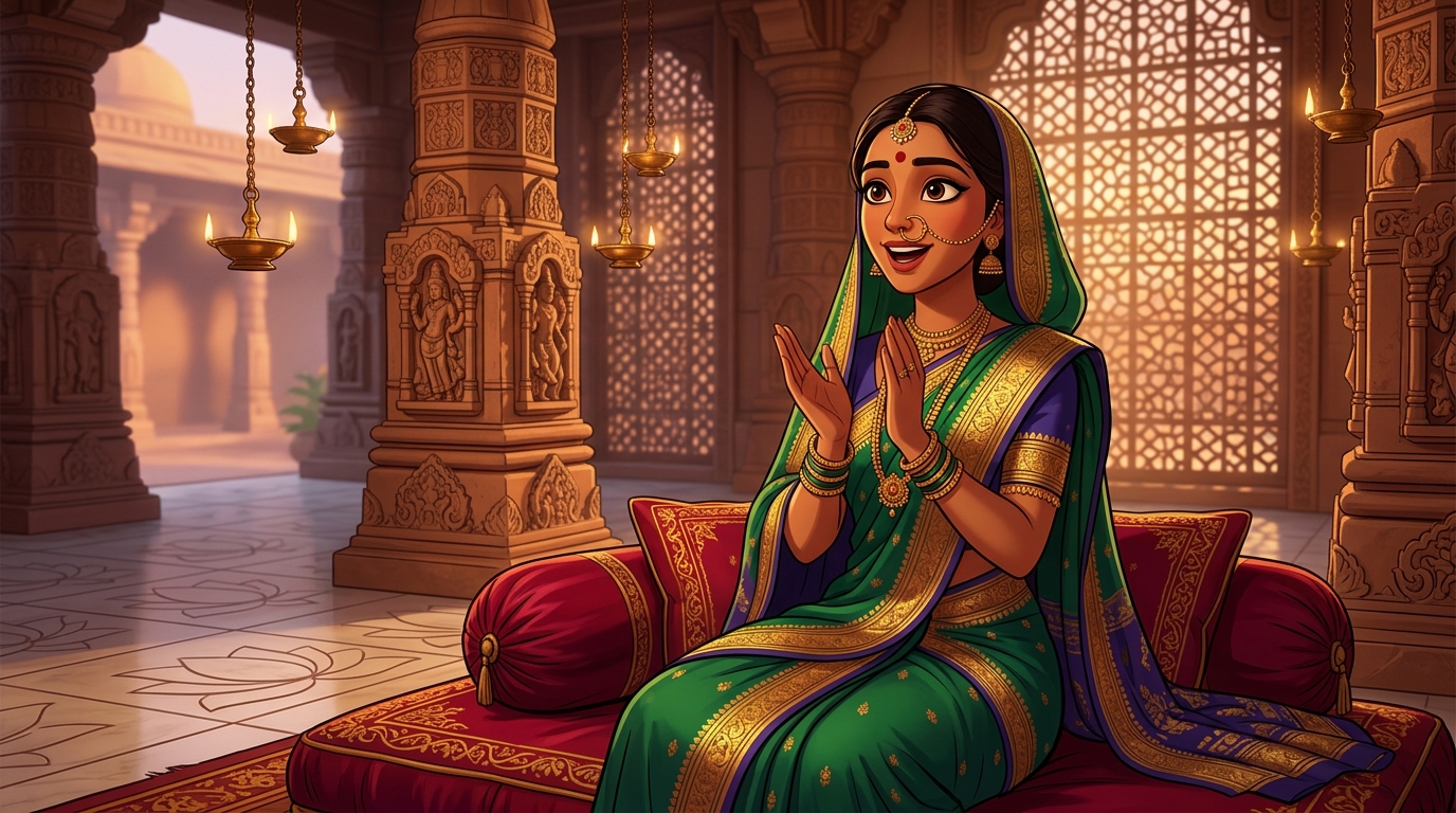 Prabhavati sitting on the silk cushions, clapping in wonder at the cut branch parable