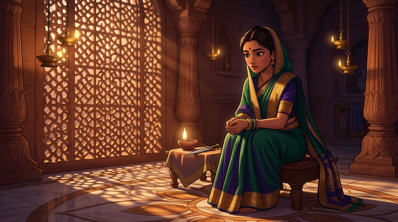Prabhavati in deep contemplation, realizing true freedom lies in cutting away distractions