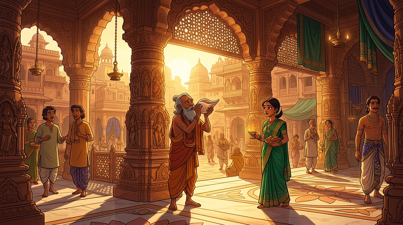 Golden dawn sunlight flooding across the sandstone arches as temple conches sound