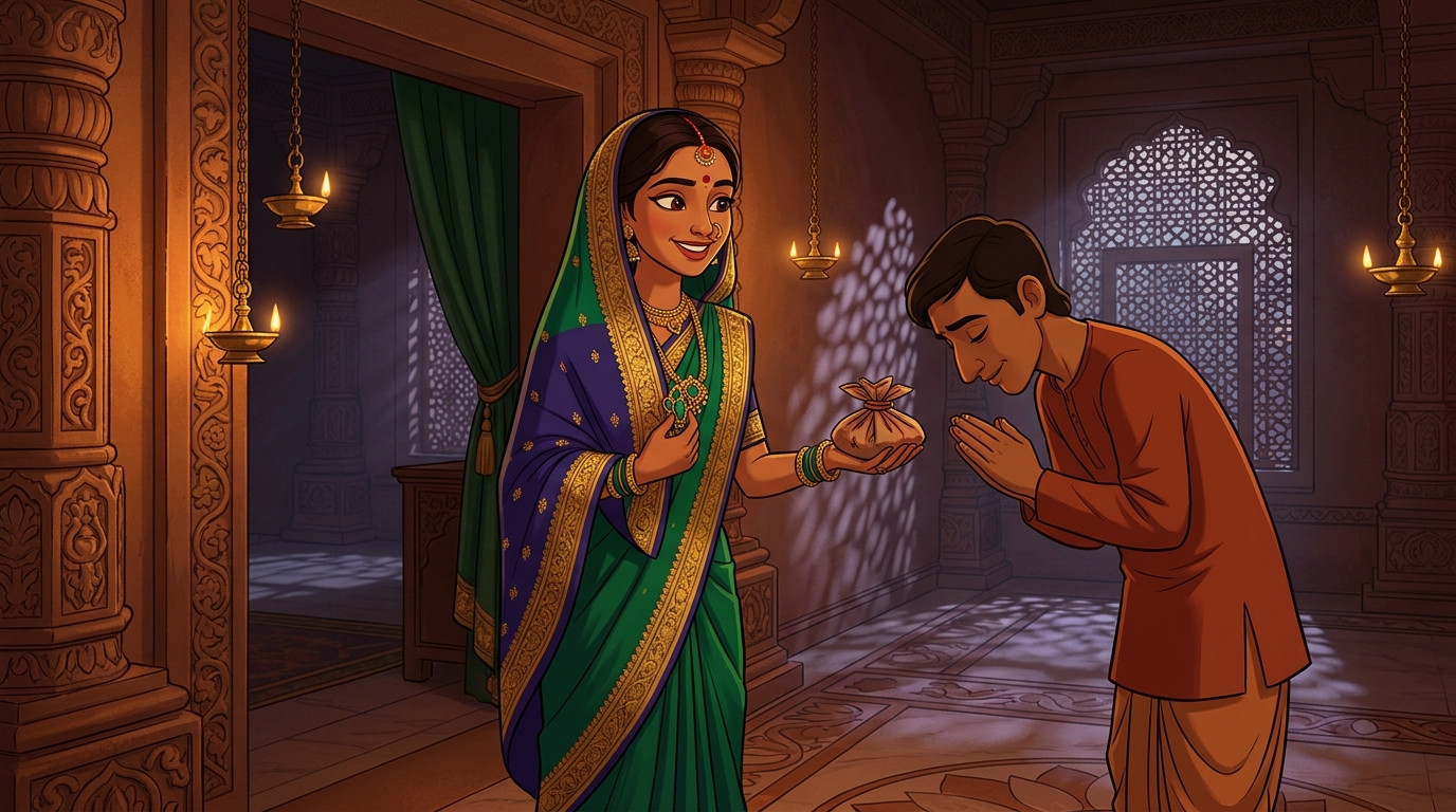 Prabhavati unclasps the emerald brooch, hands Shuka sweet almonds, retreats peacefully