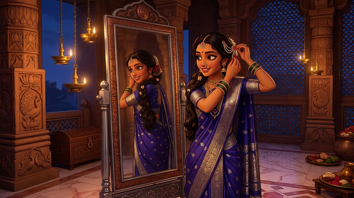 Prabhavati in royal indigo-and-silver silk fastening the pearl hairpin by candlelight
