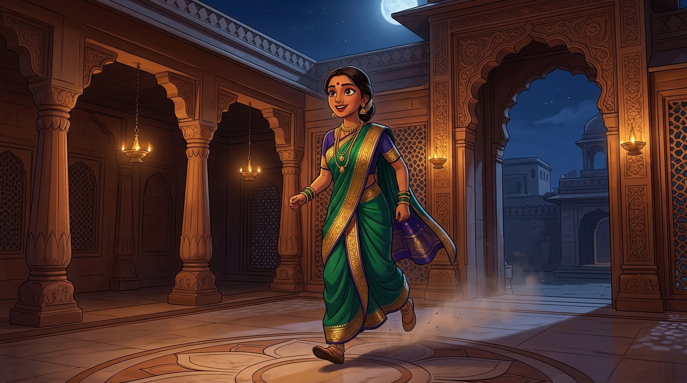 Prabhavati stepping toward the courtyard gate with swift, eager steps under the moonlit sky