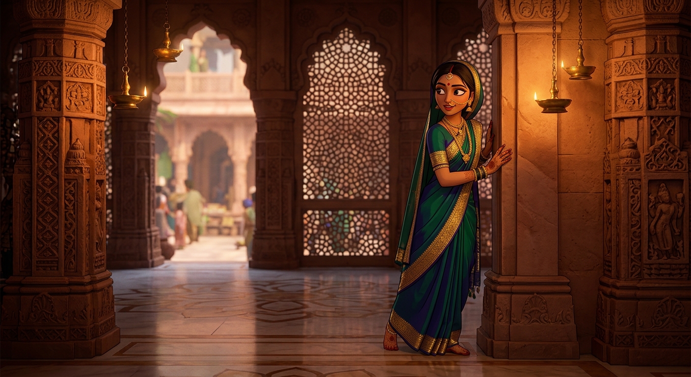 Prabhavati pausing on the doorstep with an amused smile