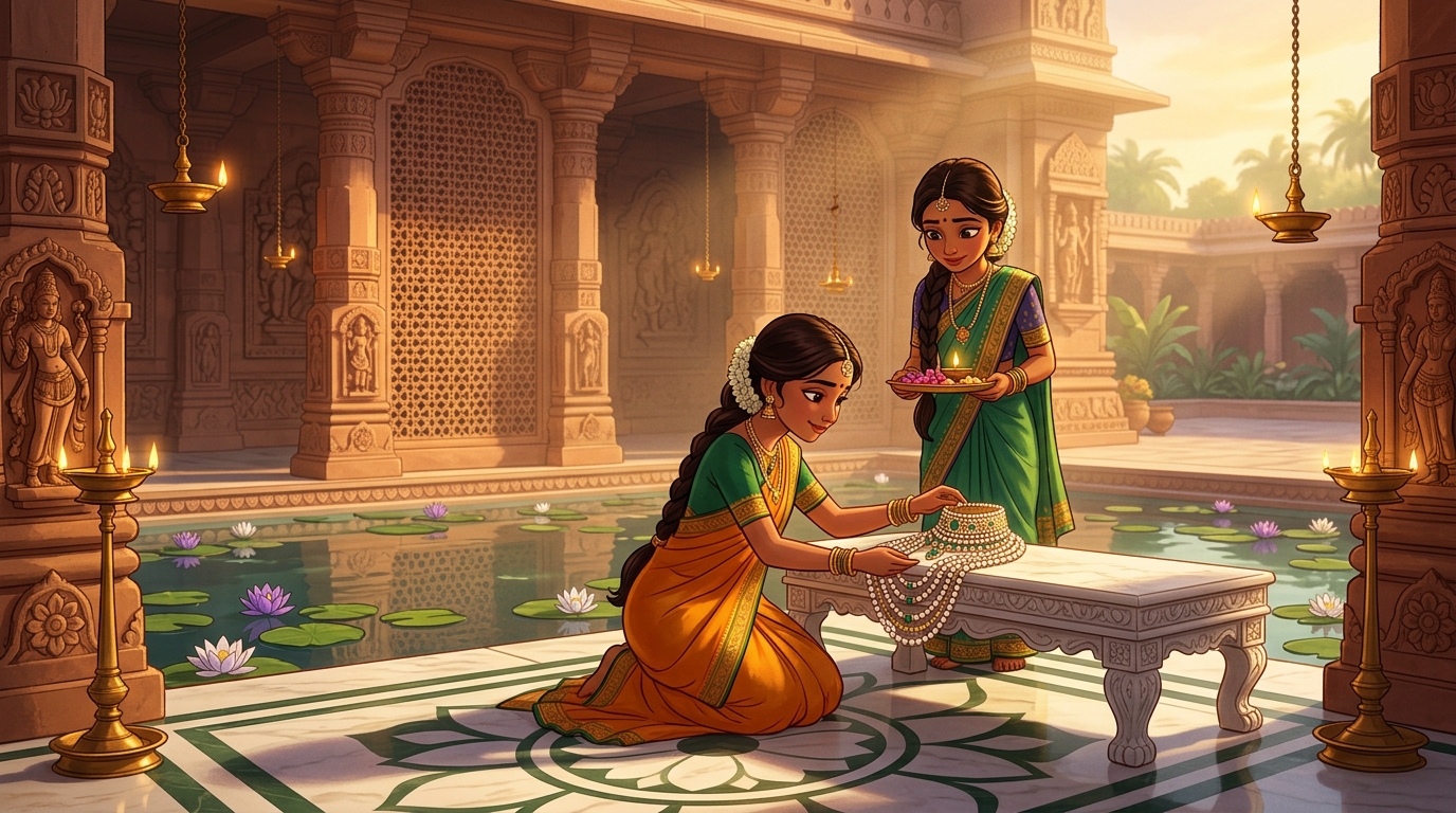 In the sacred temple lotus pool of Pataliputra, maidservants place pearl choker on marble bench