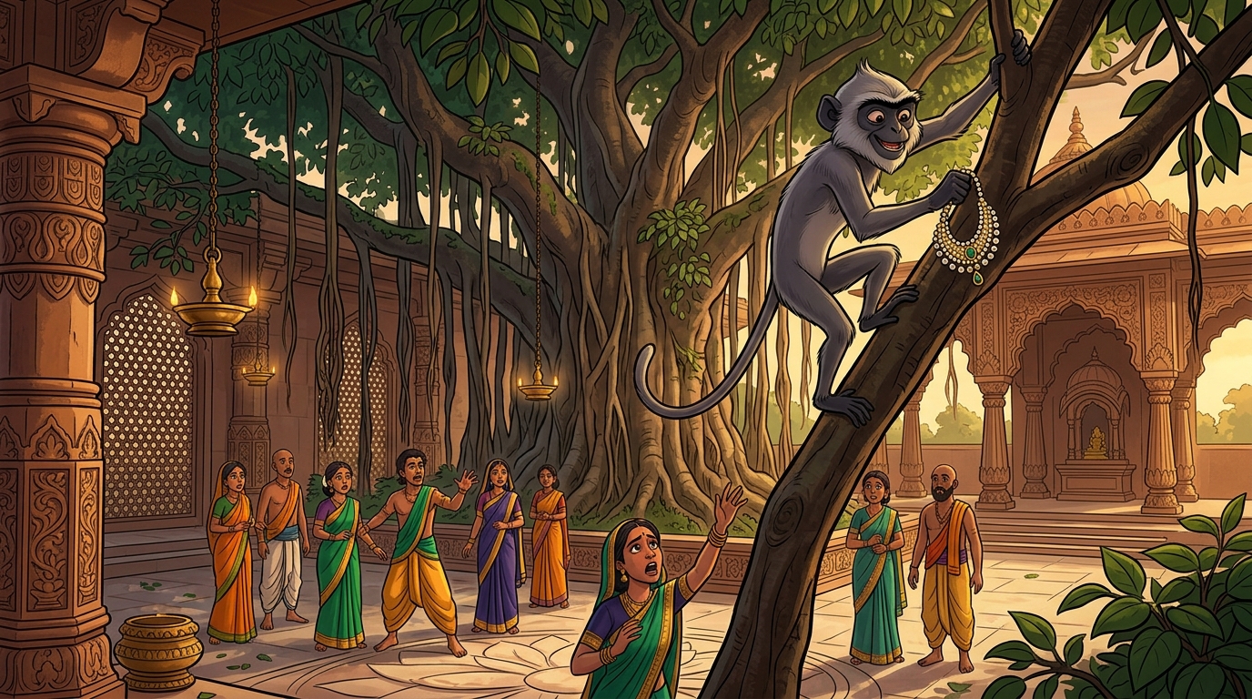 A mischievous wild temple monkey snatches the pearl choker and climbs into banyan branches