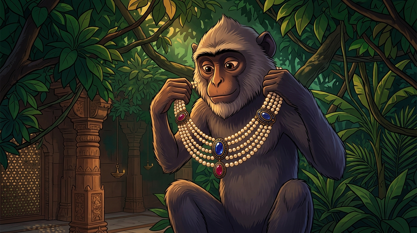 The monkey sits in the canopy, proudly draping the pearls around its neck like a necklace