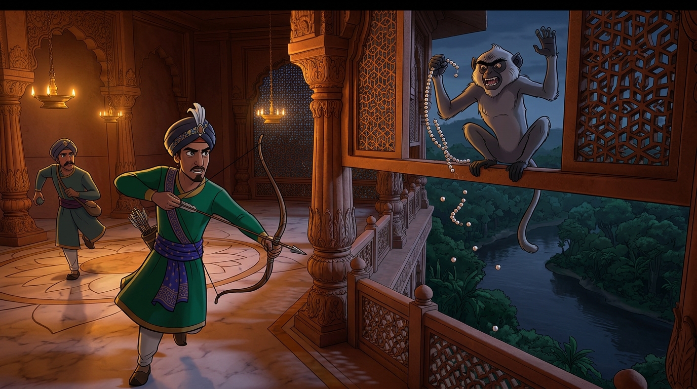 Royal guards rush forward with drawn bows; monkey threatens to snap the silk string into river