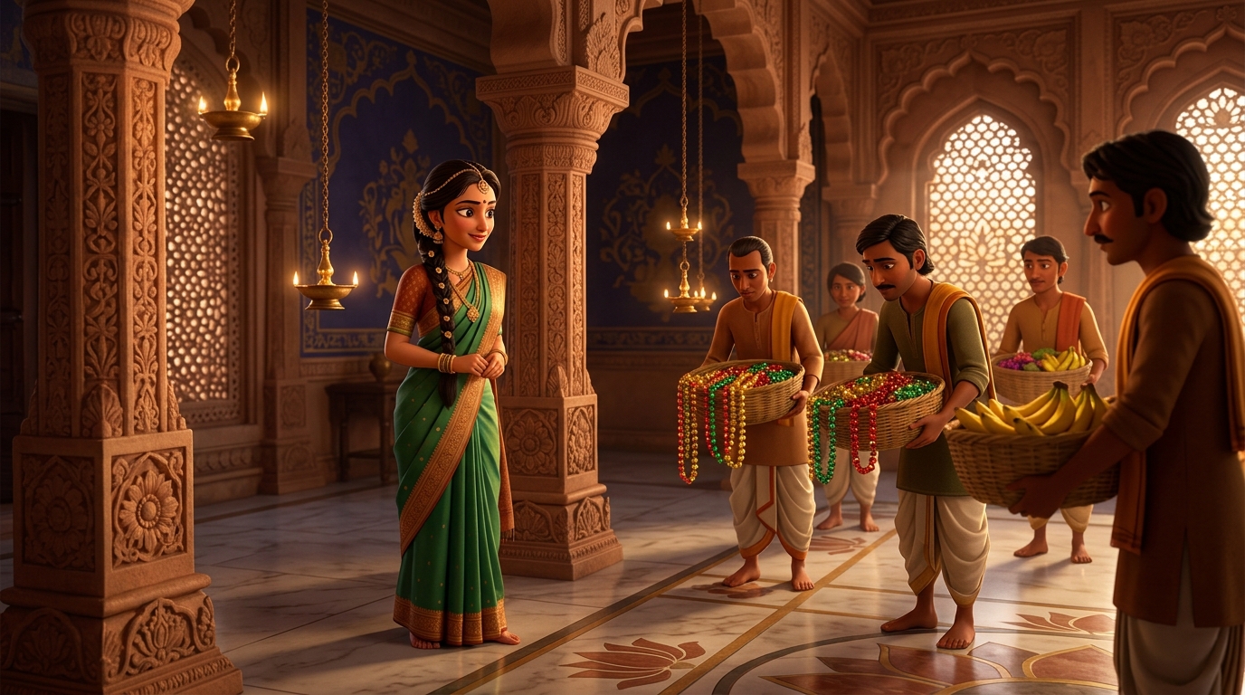 Sumati has servants bring baskets of cheap glittering colorful glass beads and sweet bananas