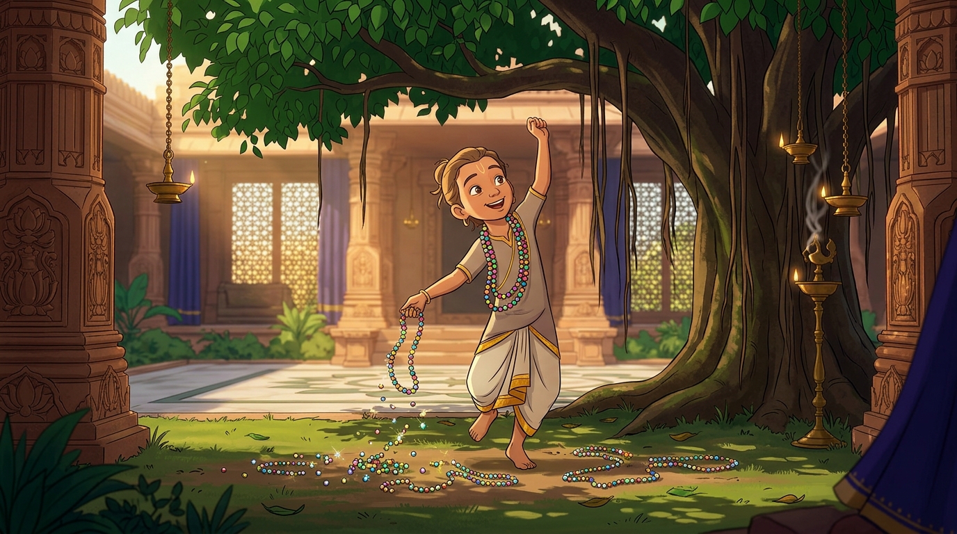 Sumati scatters colorful glass beads across the grass, draping one around his neck and dancing