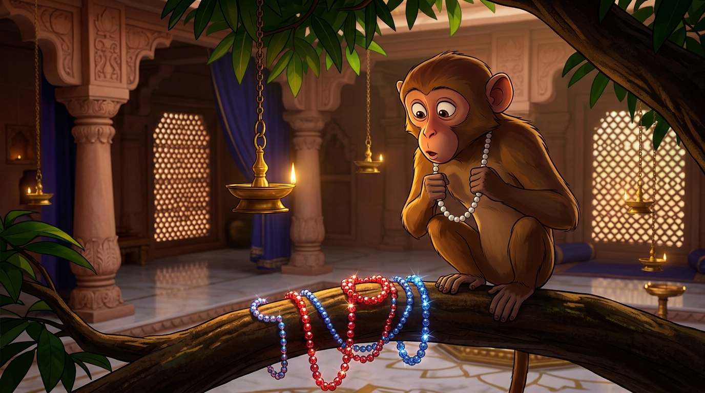 The monkey stares mesmerized by sparkling red glass beads, finding plain pearls boring