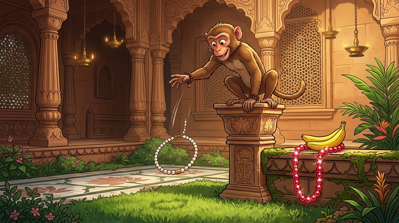 The monkey tosses down the real pearl choker, leaping to grab red glass beads and a banana