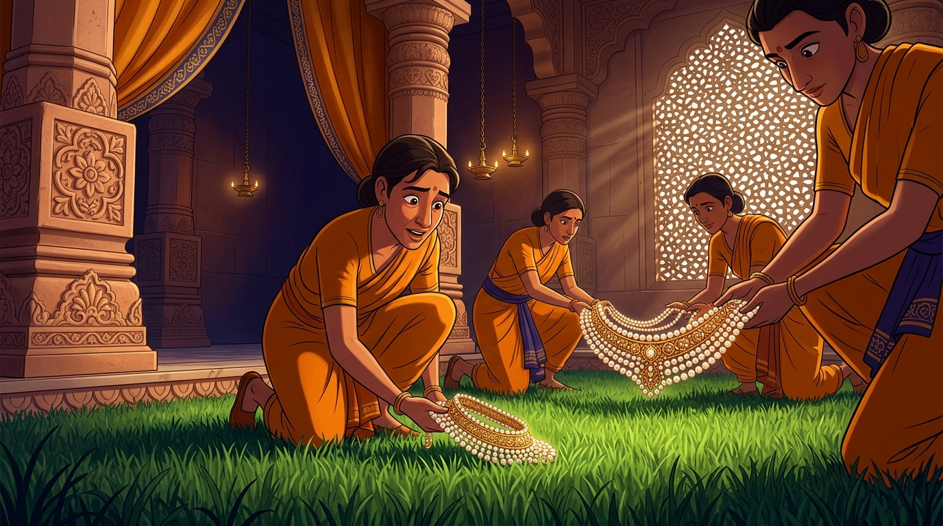Attendants quickly retrieve the intact pearl choker from grass without a single pearl scratched