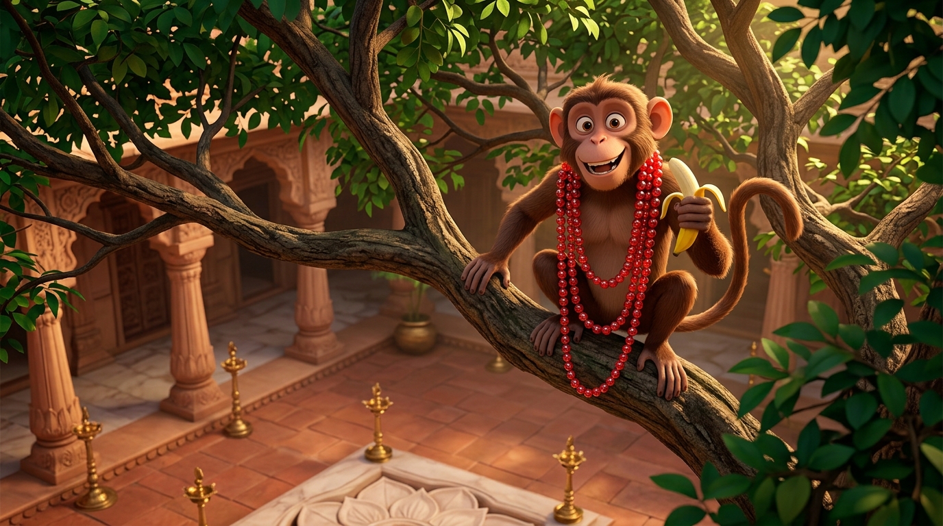 The happy monkey scrambles into treetops wearing red glass garlands and eating banana