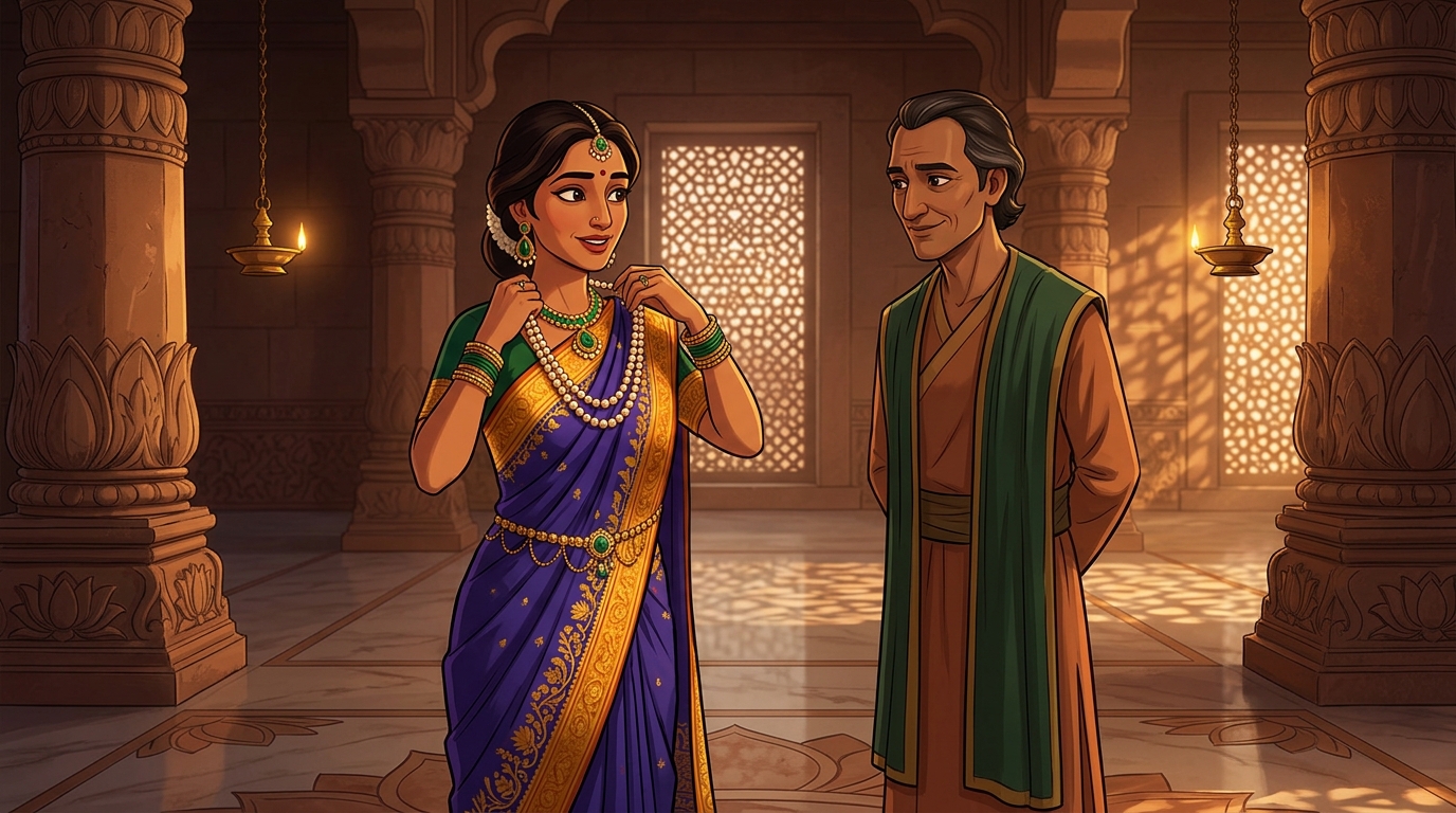 Queen Malavika wears the recovered pearls, honoring Minister Sumati for psychological wit