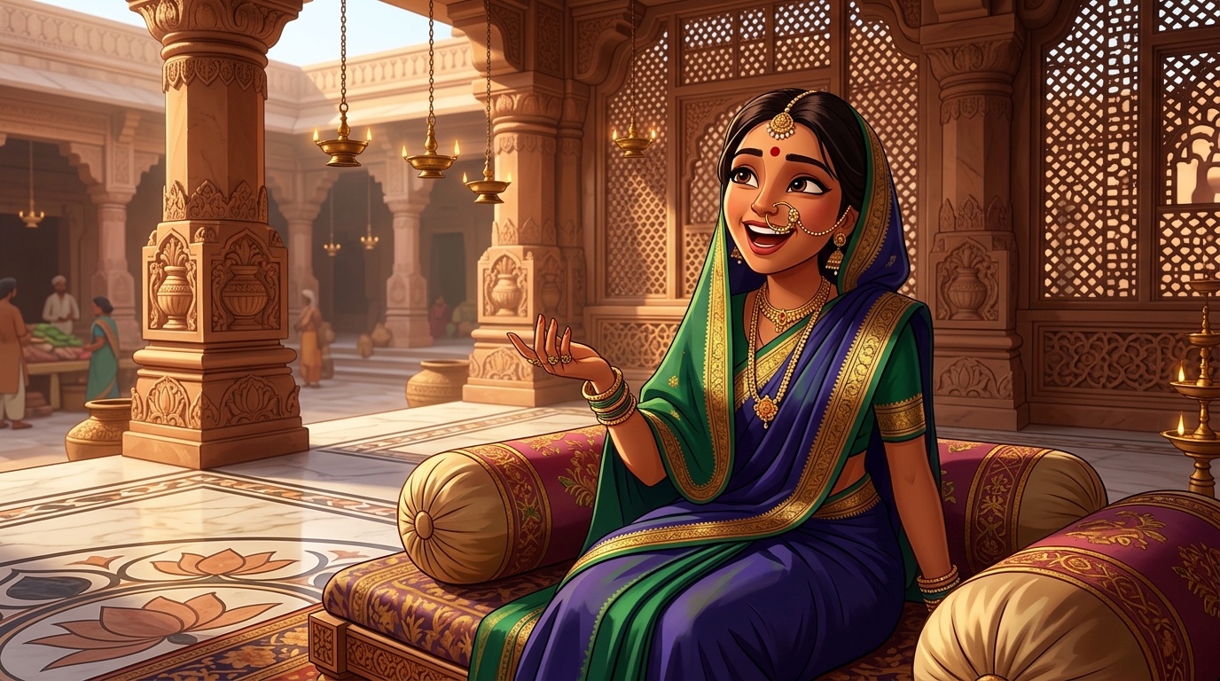 Prabhavati sitting on the bolsters, laughing in admiration at the glass beads trick
