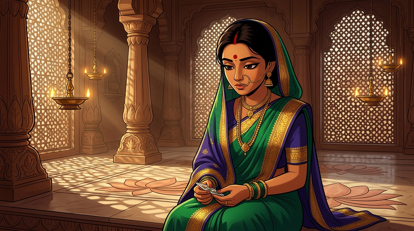 Prabhavati in deep contemplation, realizing suitors offer cheap glass illusions