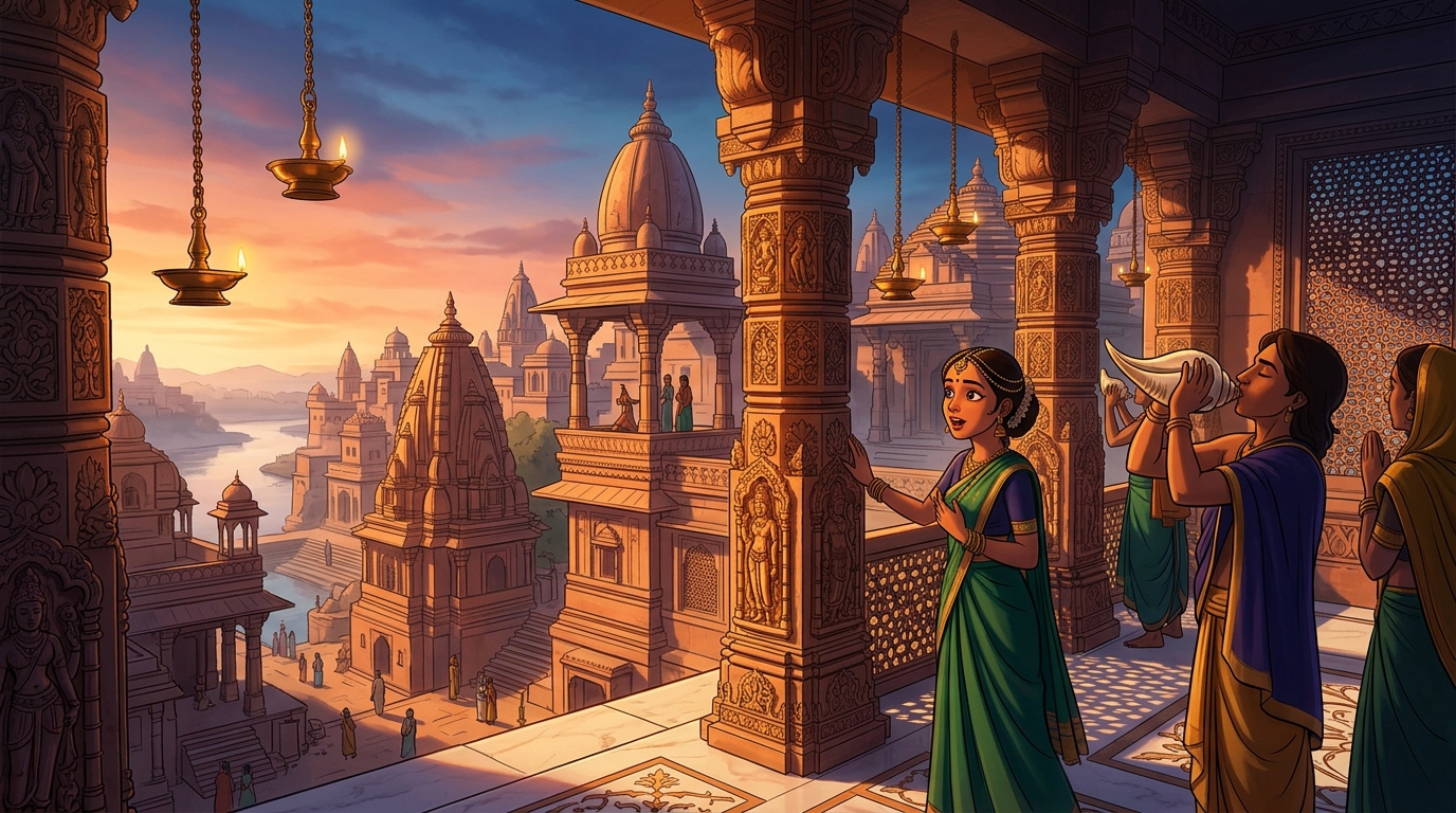 Golden dawn sunlight flooding across the Chandravati skyline as temple conches sound