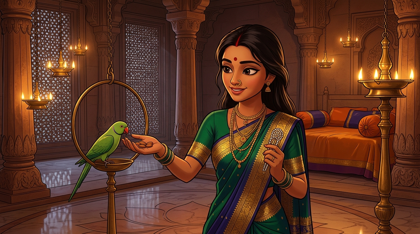 Prabhavati unclasps the pearl hairpin, gives Shuka sweet almonds, retreats peacefully