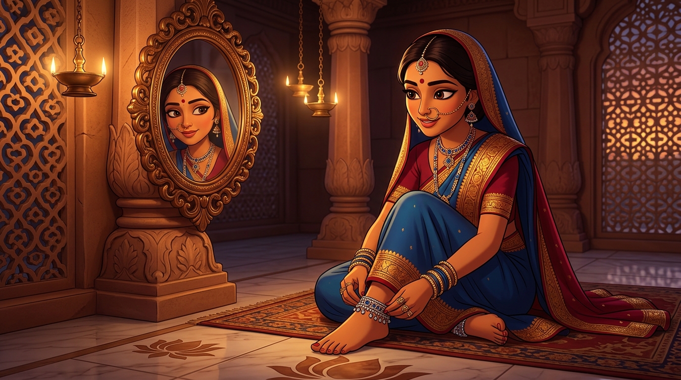 Prabhavati in sapphire-blue and silver silk fastening the anklet by candlelight