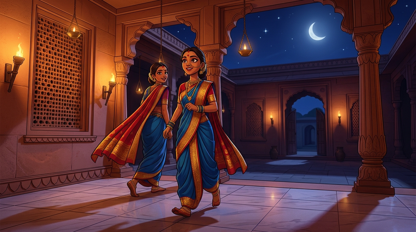 Prabhavati walking toward the courtyard gate with swift, confident steps under the moonlit sky