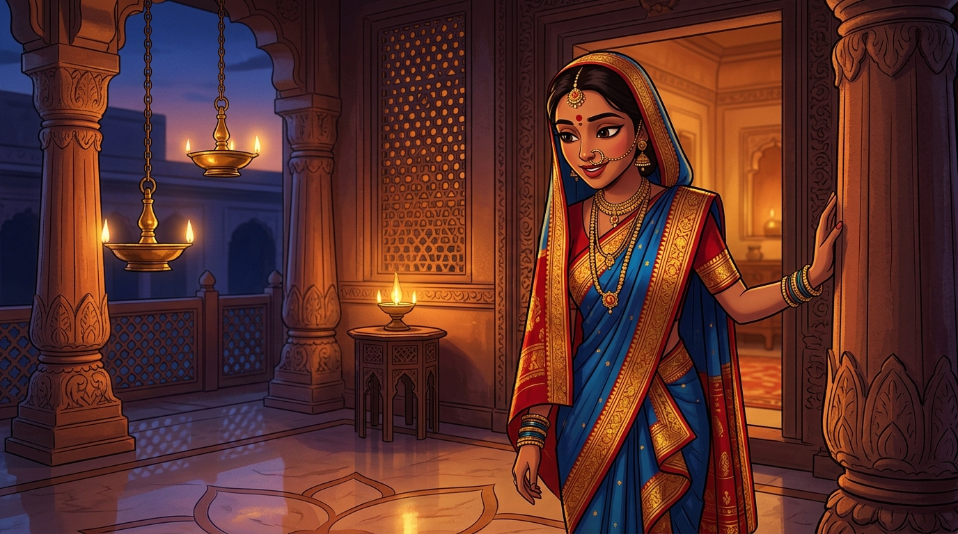 Prabhavati pausing on the doorstep with an amused smile