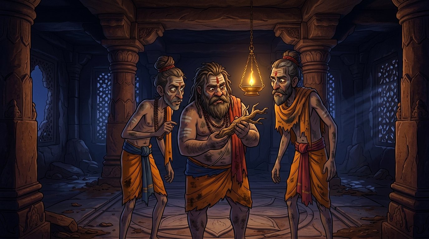 In ancient Kanyakubja, three rogue thieves disguised as ascetics hold a dried root in a cave