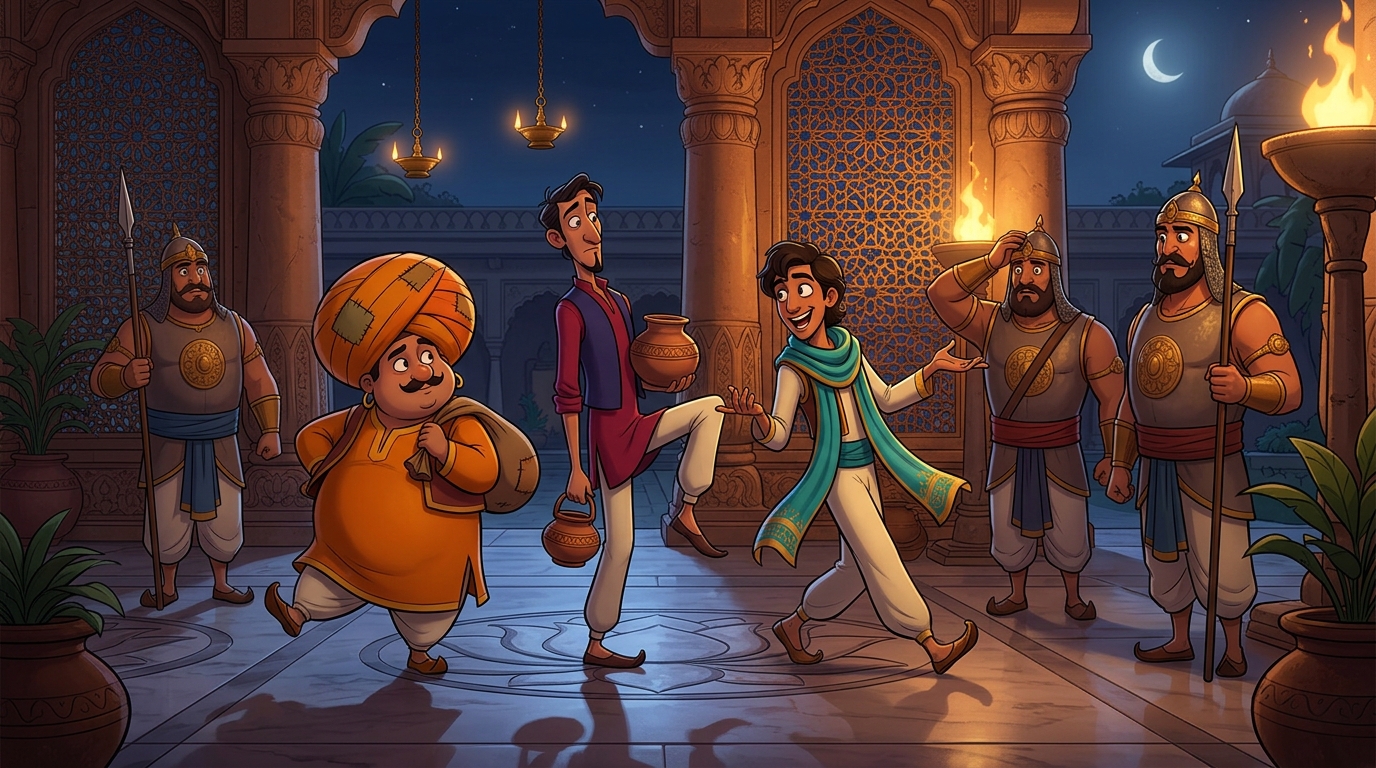 At midnight, the three 'invisible' rogues sneak openly into the royal palace grounds