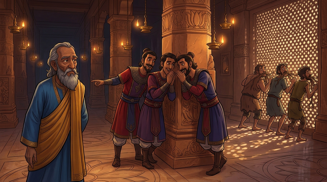 Guards laugh quietly behind pillars, reporting to Minister Dharmabuddhi about the thieves