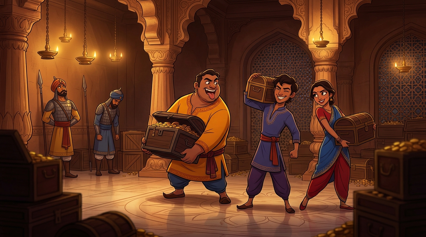 In the treasury, the three rogues pick up heavy gold chests, making mocking faces at guards