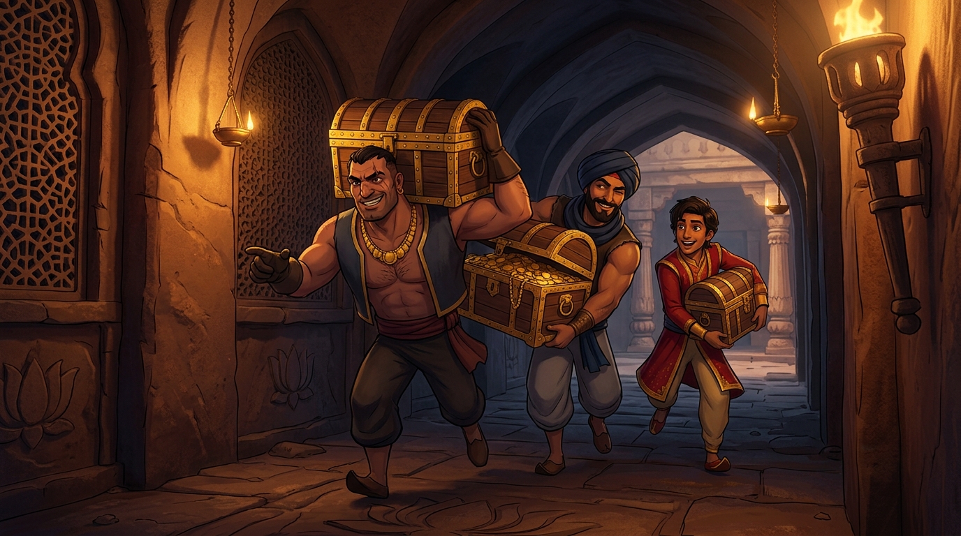 Carrying heavy gold chests, the three rogues step through what they think is open exit